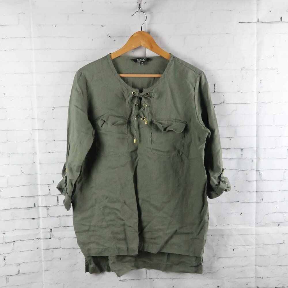 COMPANY ELLEN TRACY CAPER GREEN ROUND NECK 1/2 SLEEVE LINEN TUNIC TOP SIZE M